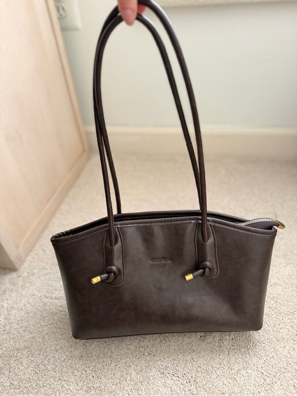Classic Dark Brown Leather Tote Bag with Gold Accents